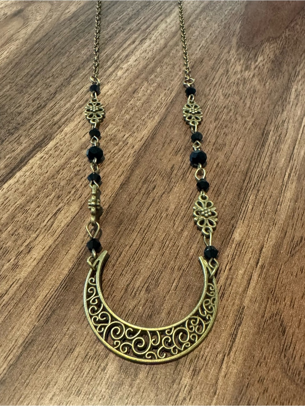 Antique Gold Crescent Necklace with Black Beads - Women Jewelry